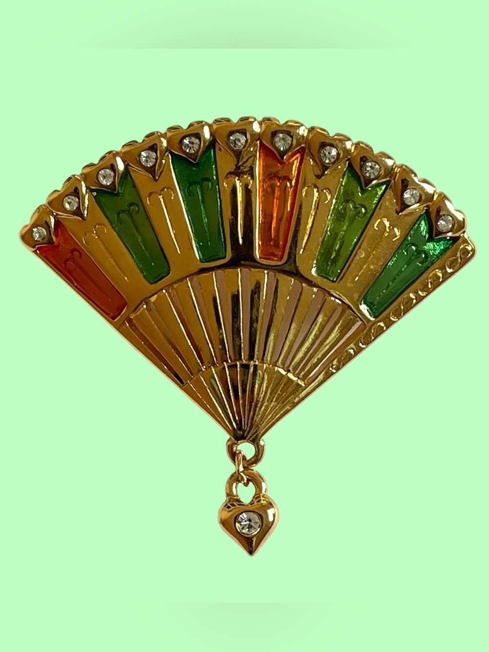 Vintage Signed MONET Gold Plated With Enamel And Rhinestones Fan Brooch